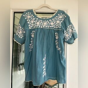 Blue Floral Mexican Embroidered Blouse